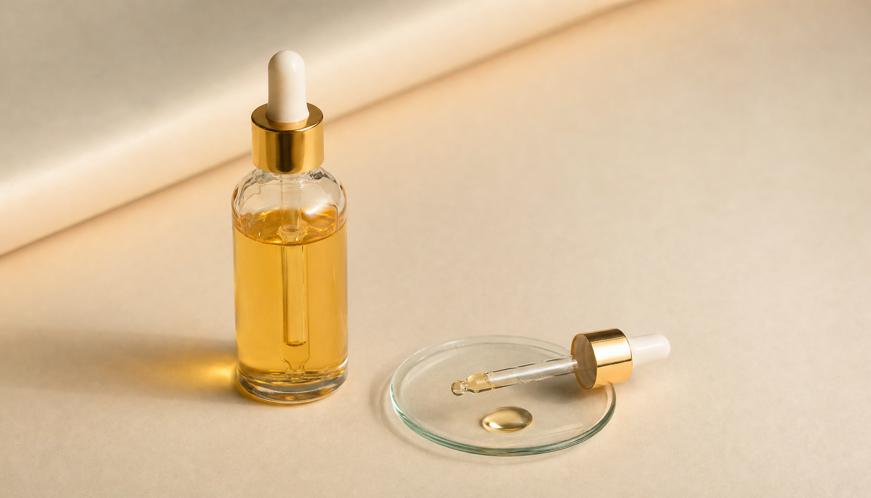 Glass dropper and golden serum — peptides for hair
