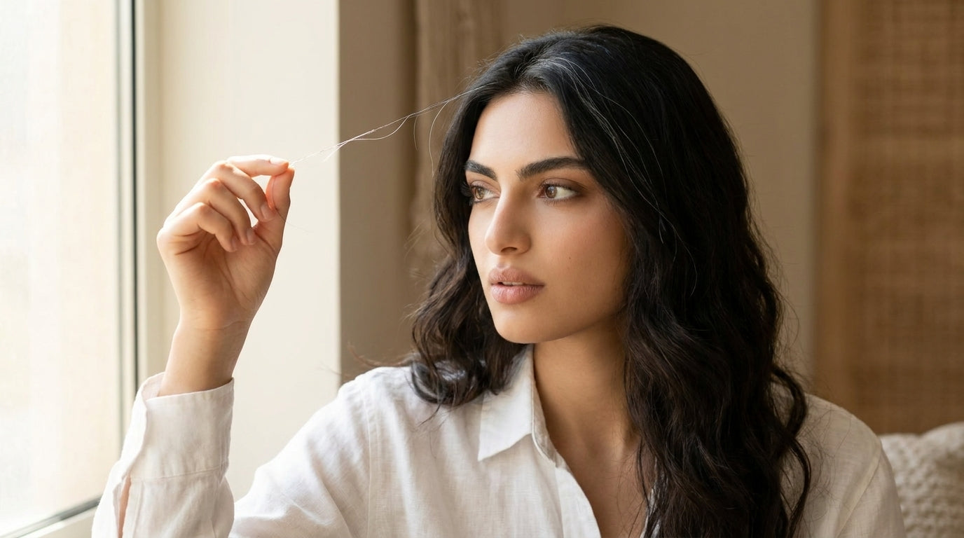 A single silver strand held up to window light — premature grey hair