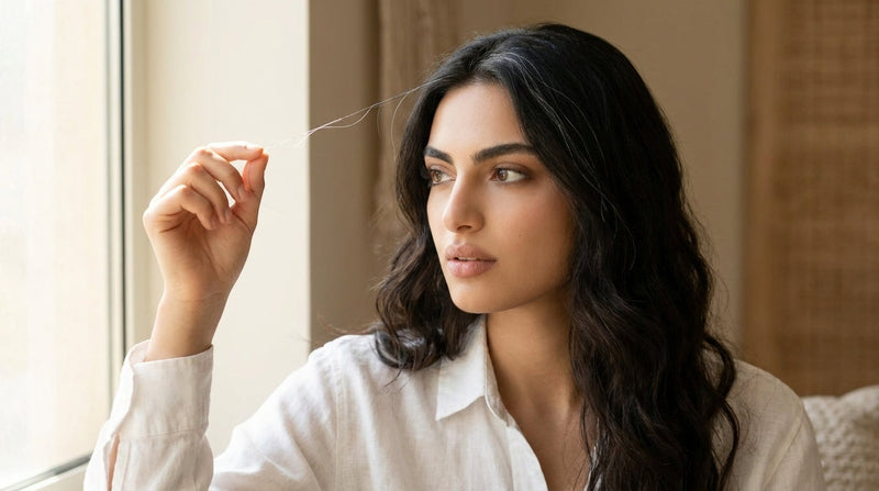 A single silver strand held up to window light — premature grey hair