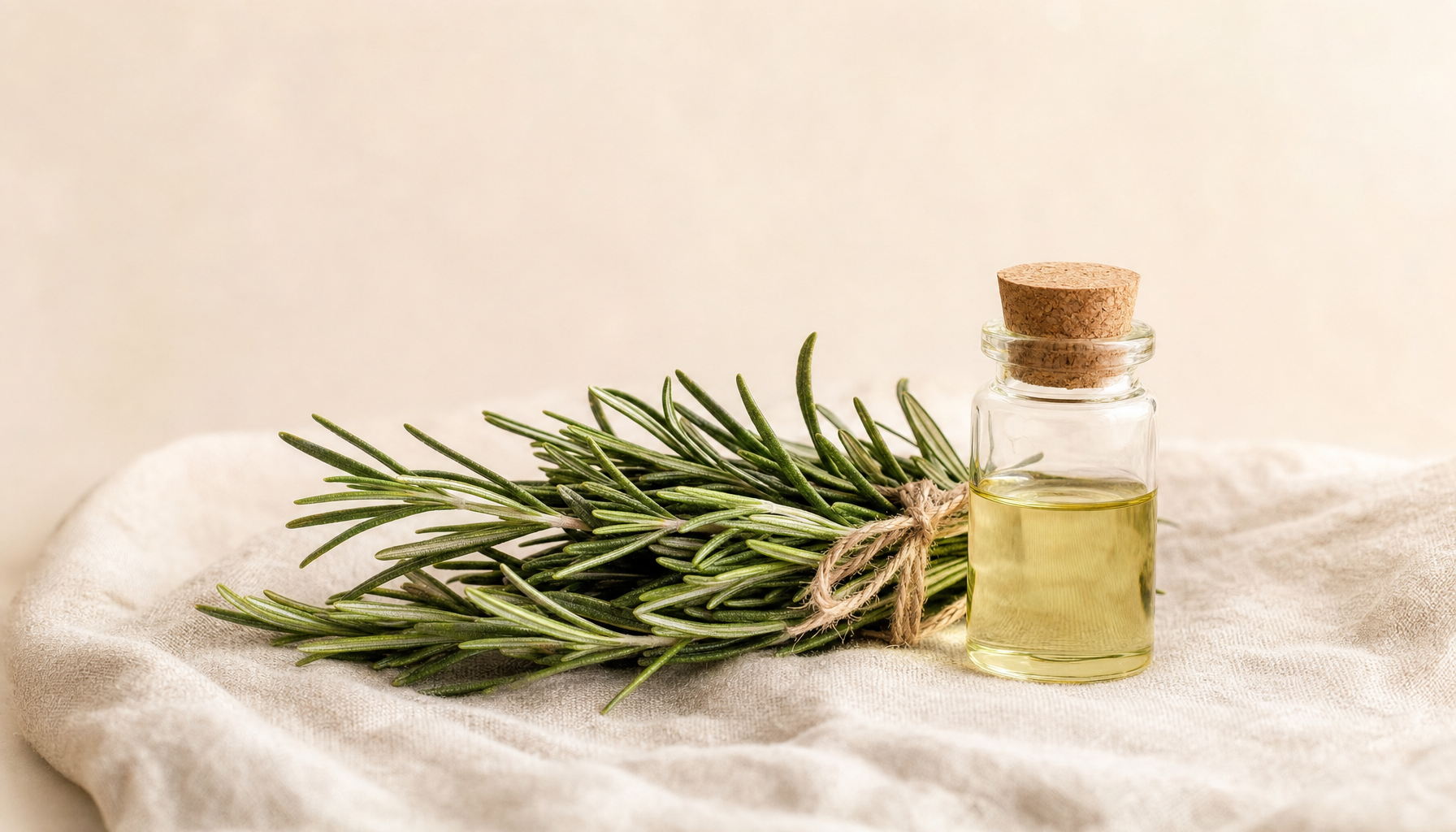 Fresh rosemary sprigs and a vial of oil on cream linen