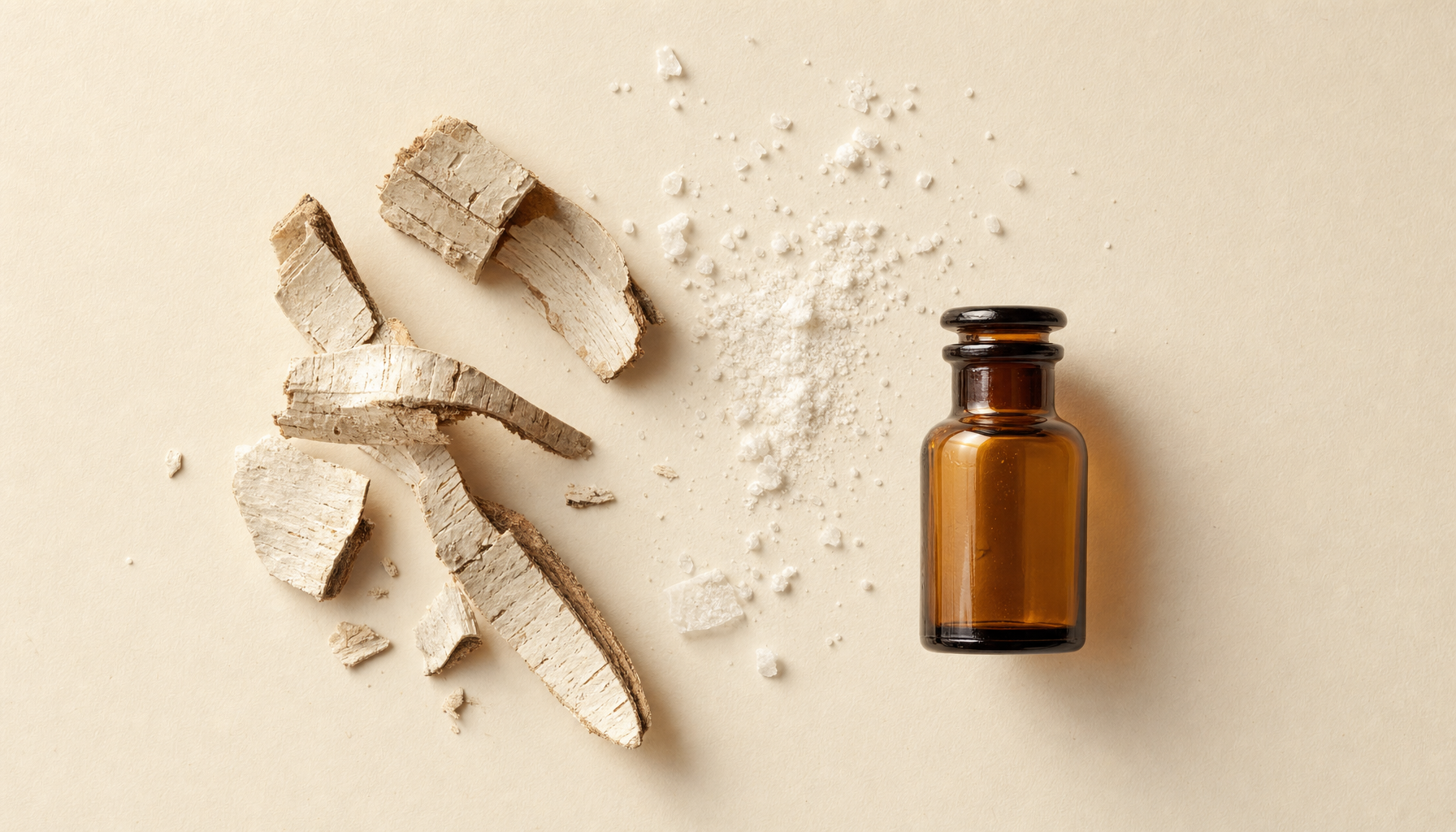 White willow bark and an amber apothecary bottle — salicylic acid shampoo